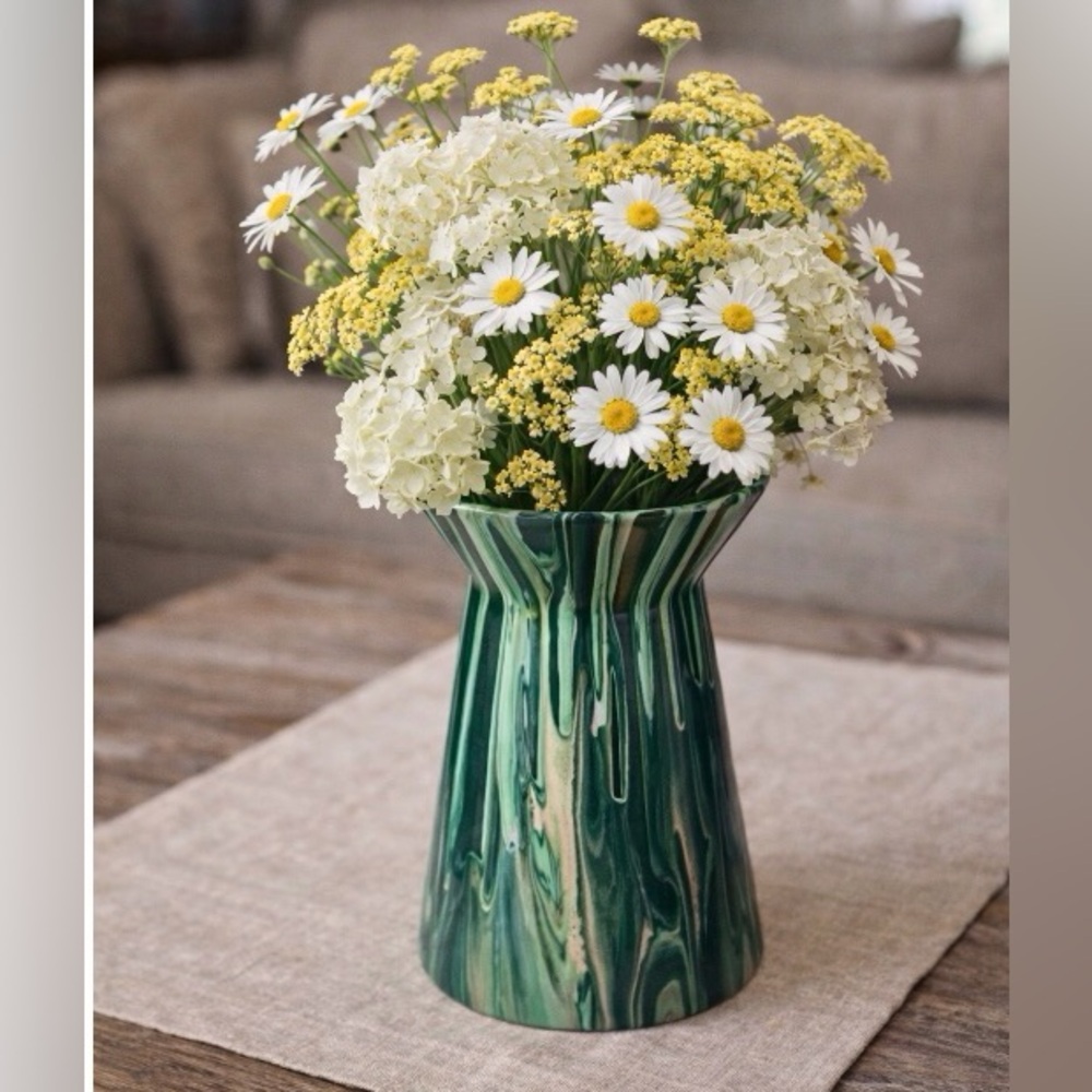 Hand made artisan glass  painted green flower vase